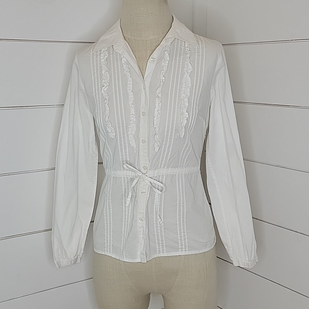 CHARTER CLUB 6 petite white ruffled button-down blouse with tie waist - Picture 1 of 4